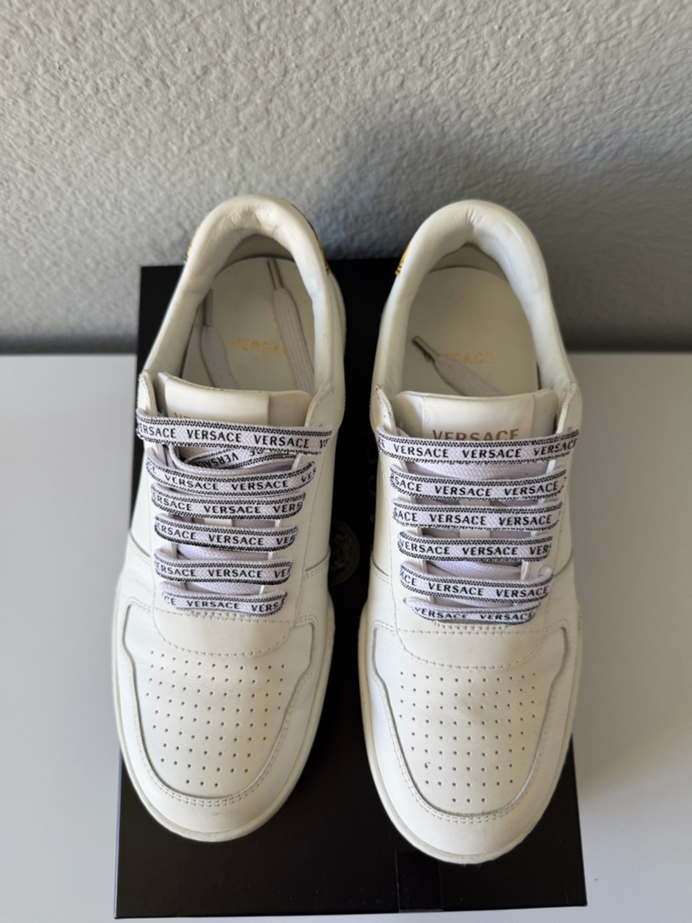 Versace White Leather Sneakers with Logo Laces